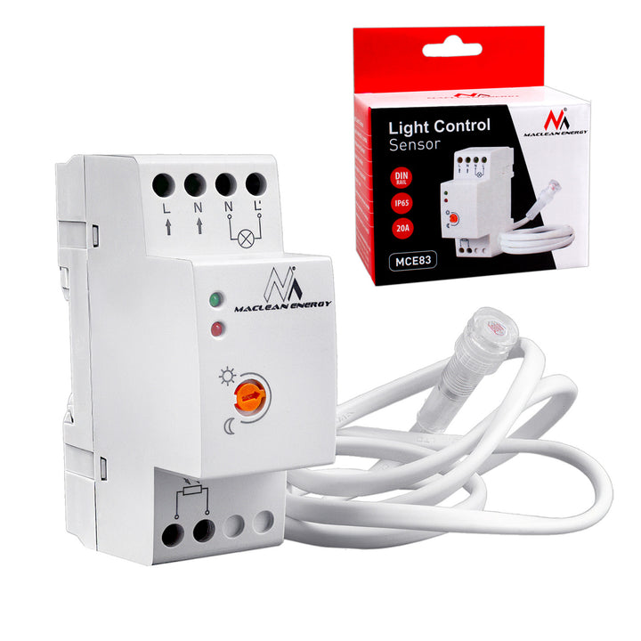 Súmrakový spínač Maclean, na DIN lištu, s externou sondou, 220-240V/AC, 50Hz, 20A, MCE83