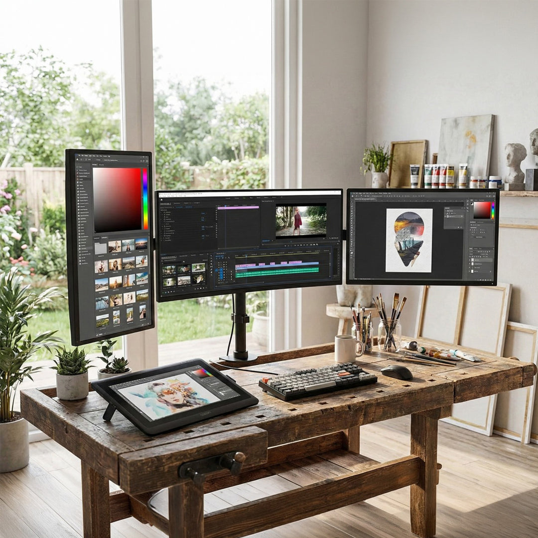Stolný držiak Maclean pre 3 LCD monitory, dvojité rameno, VESA 75x75 a 100x100, 13"-27", 8 kg, MC-691
