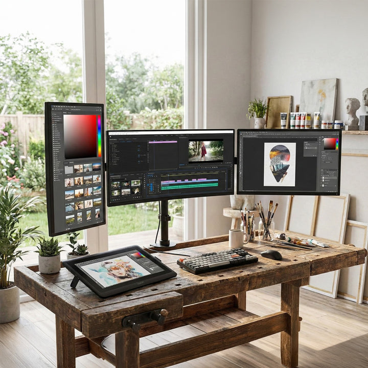 Stolný držiak Maclean pre 3 LCD monitory, dvojité rameno, VESA 75x75 a 100x100, 13"-27", 8 kg, MC-691
