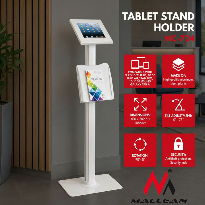 Maclean reklamný stojan na tablet, podlahový stojan so zámkom, 9,7"/10,2" iPad, 10,5" iPad Air/iPad Pro, 10,1" Samsung Galaxy Tab A (2019), MC-724