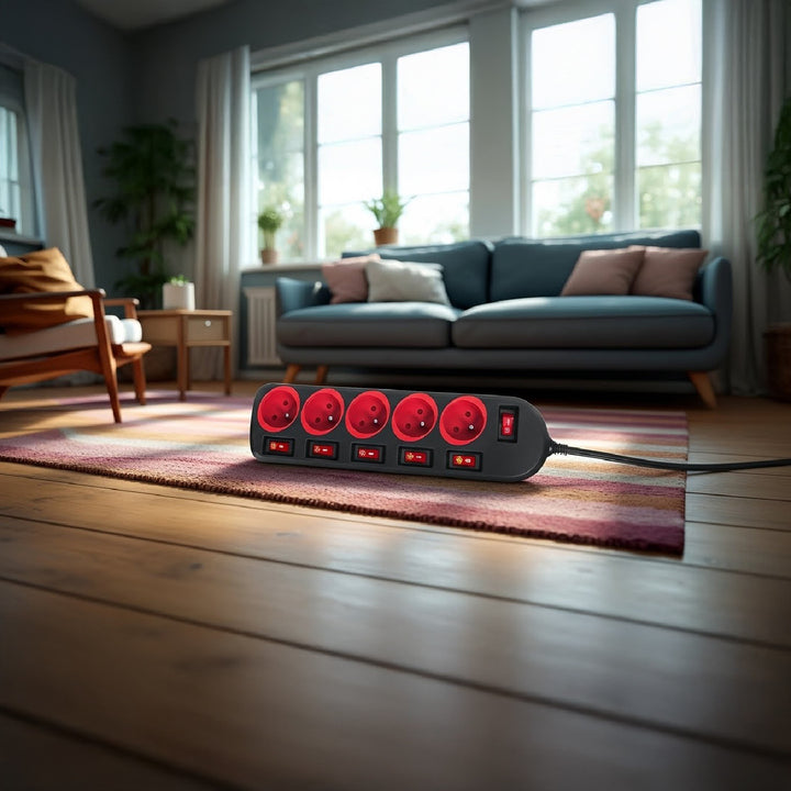 Napájacia lišta Maclean, predlžovací kábel s 5 zásuvkami, s prepínačmi, 250 VAC/10A, 1,5 m, MCE204