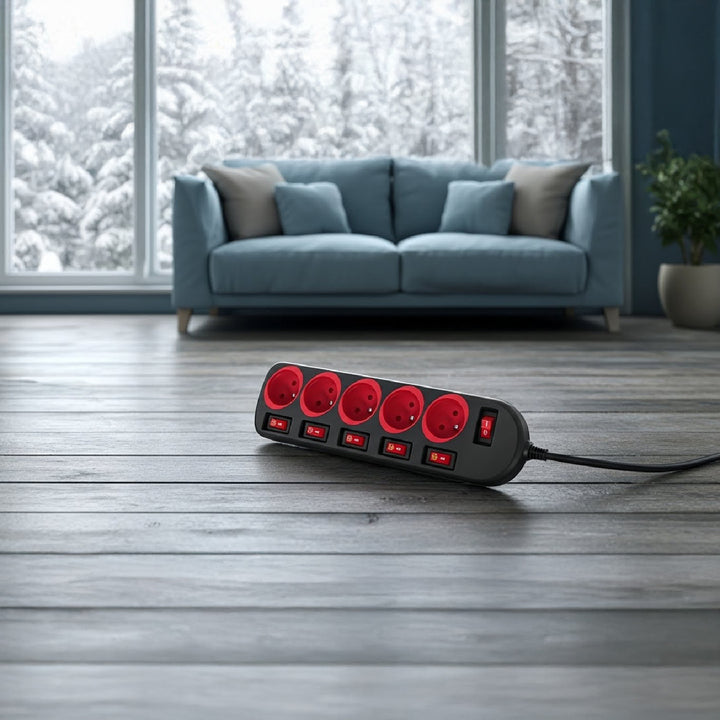 Napájacia lišta Maclean, predlžovací kábel s 5 zásuvkami, s prepínačmi, 250 VAC/10A, 1,5 m, MCE204