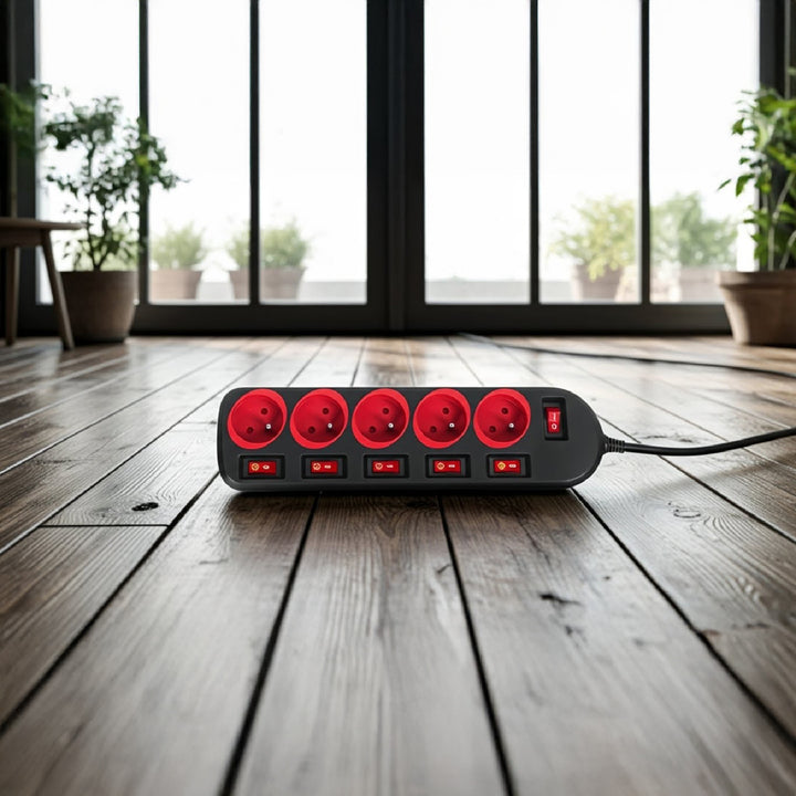 Napájacia lišta Maclean, predlžovací kábel s 5 zásuvkami, s prepínačmi, 250 VAC/10A, 1,5 m, MCE204