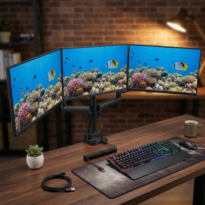 Stolový stojan pre 3 LED LCD monitory s 2x USB 3.0 17-27" 3x7kg VESA 75x75 a 100x100 Maclean MC-811