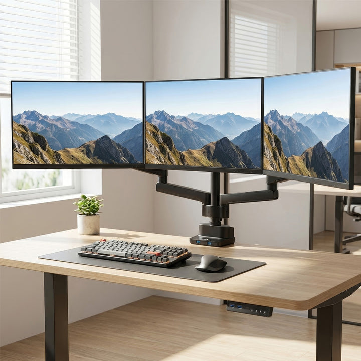 Stolový stojan pre 3 LED LCD monitory s 2x USB 3.0 17-27" 3x7kg VESA 75x75 a 100x100 Maclean MC-811