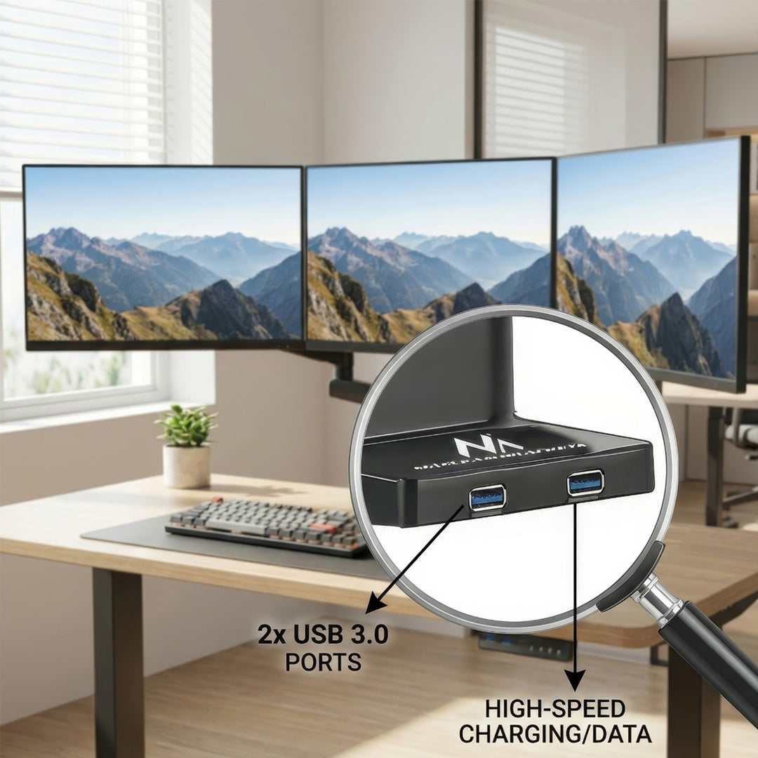 Stolový stojan pre 3 LED LCD monitory s 2x USB 3.0 17-27" 3x7kg VESA 75x75 a 100x100 Maclean MC-811