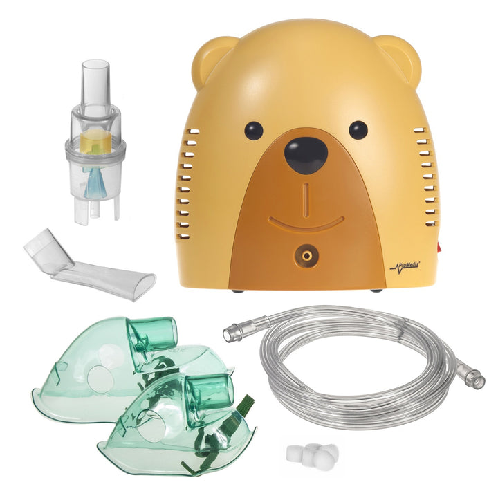 Detský inhalátor Promedix PR-811 medvedík, súprava nebulizátora, masky, filtre Verzia pre Veľkú Britániu