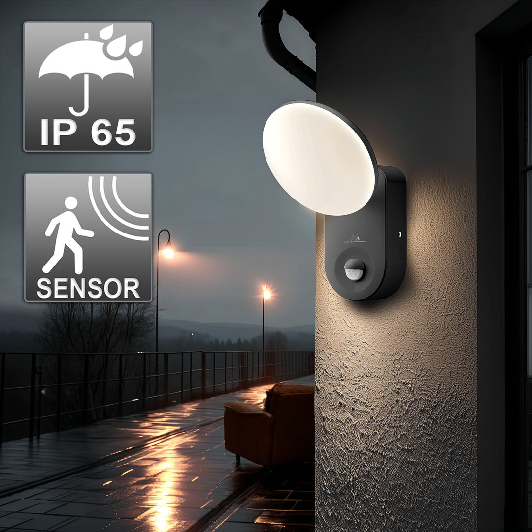 Nástenná LED lampa s PIR senzorom Maclean Energy MCE367 - PC+ALU, 15W (1100lm) Neutrálna biela 4000K IP65 sivá