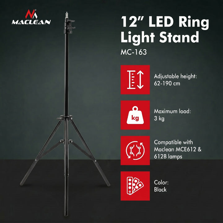 Statív pre LED kruhové svetlo 12" Maclean MC-163, max. výška 190 cm, max. zaťaženie 3 kg