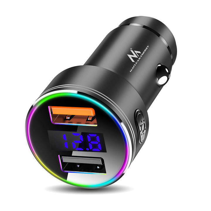 Nabíjačka do auta Maclean, s displejom, hliník, voltmeter, USB 1x QC 3.0, USB 1x 5V/2,4A, RGB LED, MCE375