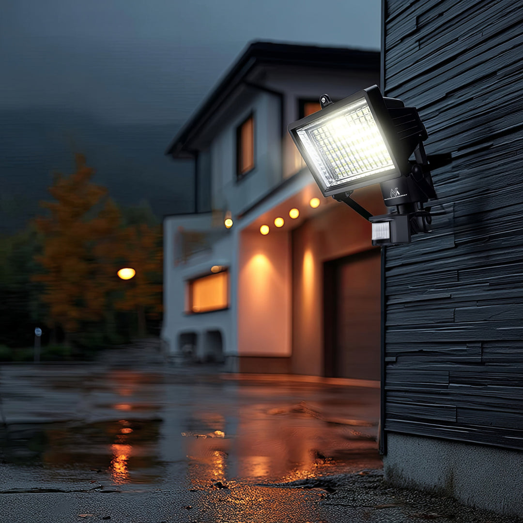 Solárny LED reflektor s detektorom pohybu Maclean Energy IP44, 6W, 360lm, 6000K studená biela, Li-ion akumulátor 2400 mAh, 5,5V DC MCE442