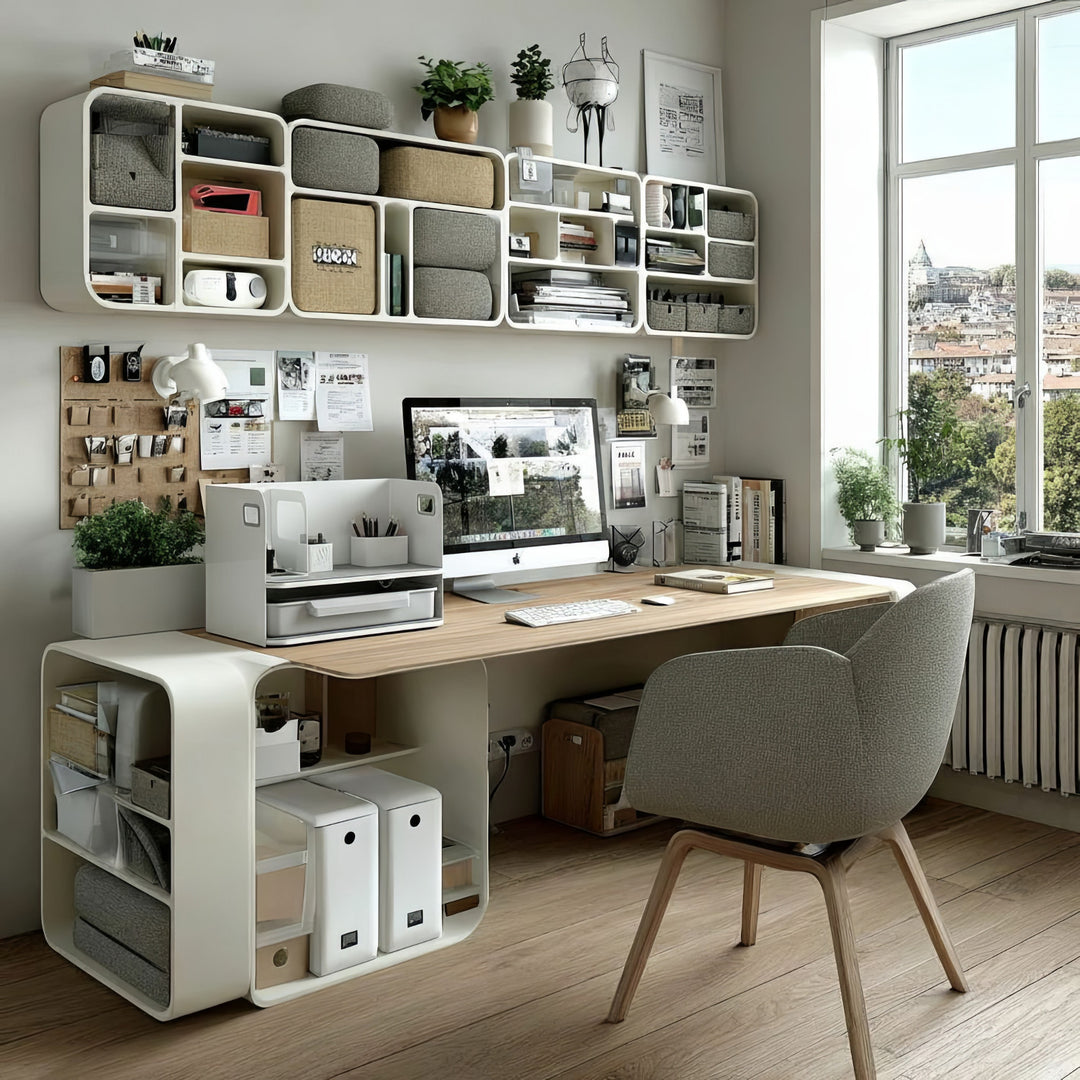 Stolový organizér s bezdrôtovým nabíjaním Qi, zásuvkou a zakladačom na kancelárske predmety do 10 kg biely