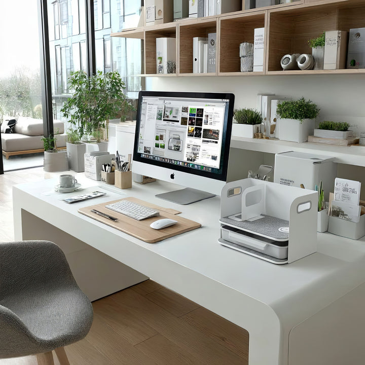 Stolový organizér s bezdrôtovým nabíjaním Qi, zásuvkou a zakladačom na kancelárske predmety do 10 kg biely
