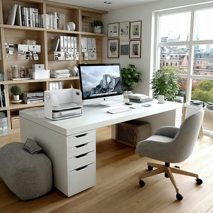 Stolový organizér s bezdrôtovým nabíjaním Qi, zásuvkou a zakladačom na kancelárske predmety do 10 kg biely