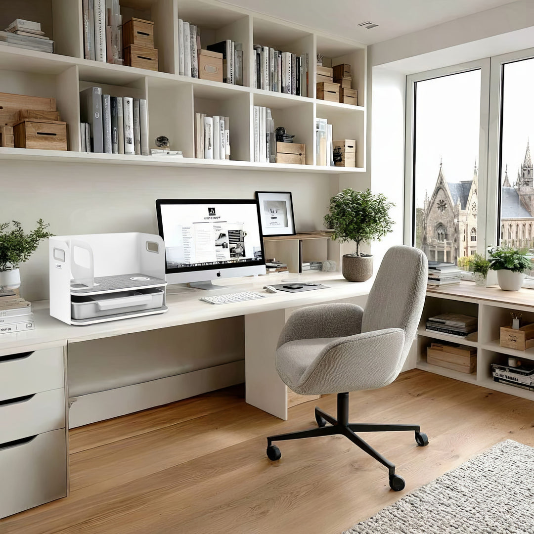 Stolový organizér s bezdrôtovým nabíjaním Qi, zásuvkou a zakladačom na kancelárske predmety do 10 kg biely