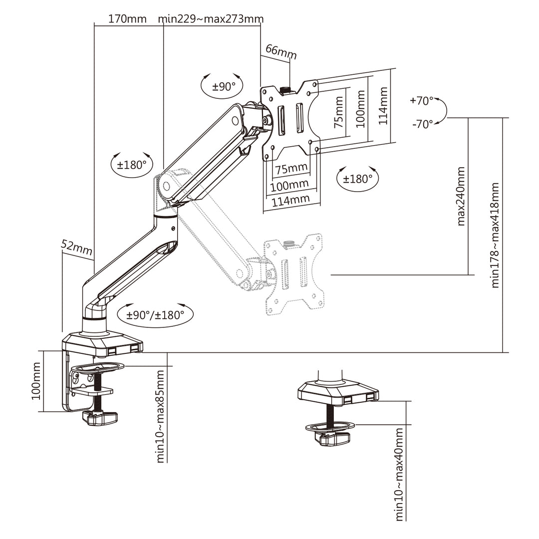 Univerzálny držiak na monitor Ergo Office, plynová pružina 17"-35" 15 kg, VESA 75x75 / 100x100, ER-445