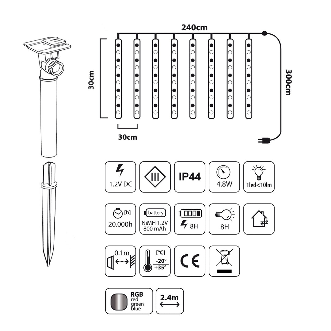 Maclean MCE411 Solárne LED svetlá 2,4 m, 144 LED diód, LED režim, 800mAh Li batéria, padajúce rampúchy