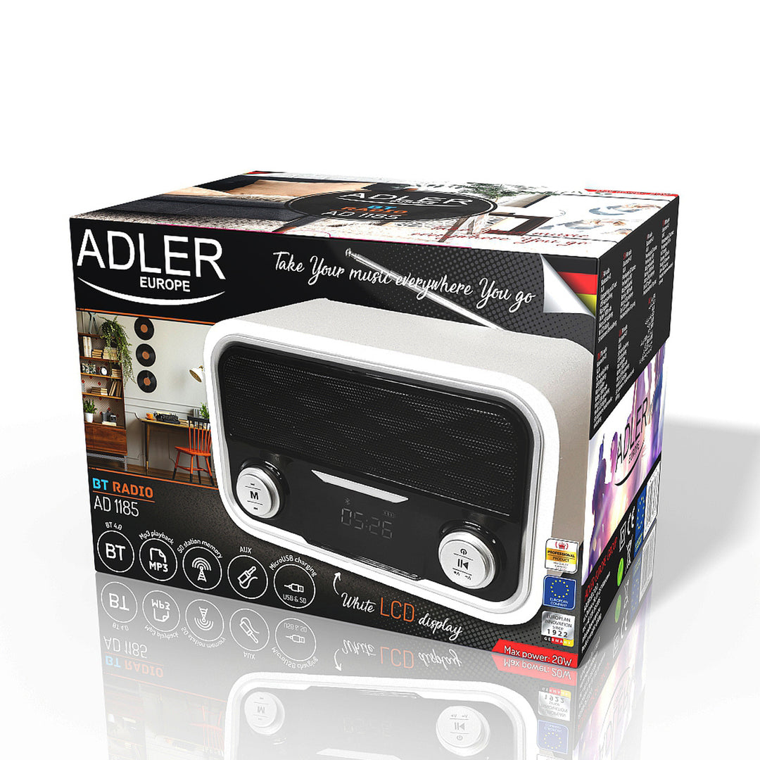 Rádio FM Bluetooth 1800 mAh SD USB MP3 AUX LCD Adler AD 1185