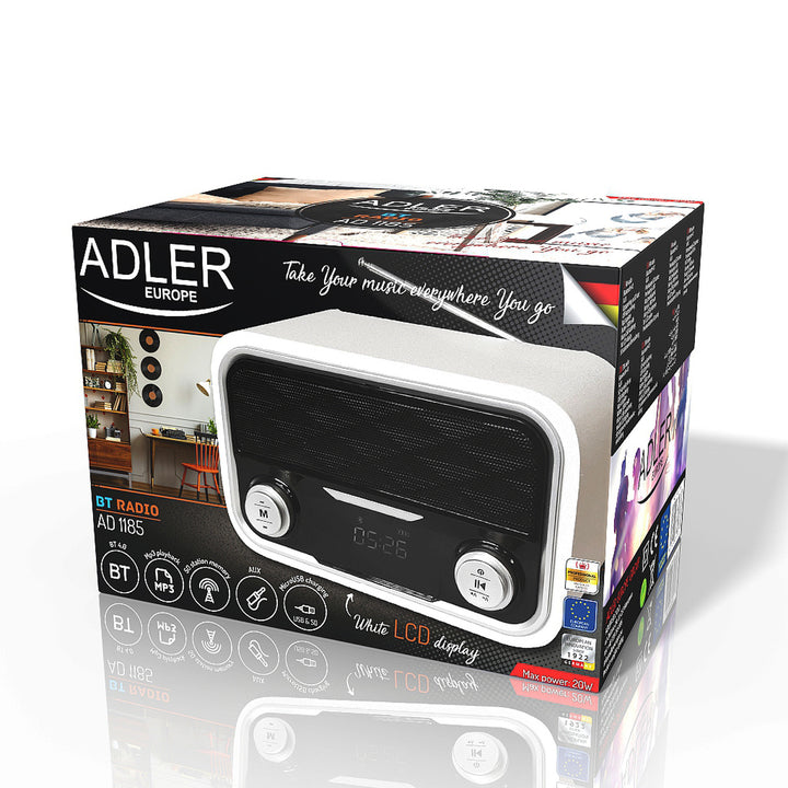 Rádio FM Bluetooth 1800 mAh SD USB MP3 AUX LCD Adler AD 1185