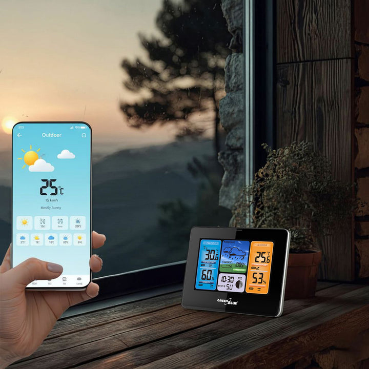 Meteorologická stanica Predpoveď počasia WiFi aplikácia TUYA Displej 7 jazykov Zobrazenie fázy mesiaca IPX4 Zelenomodrá