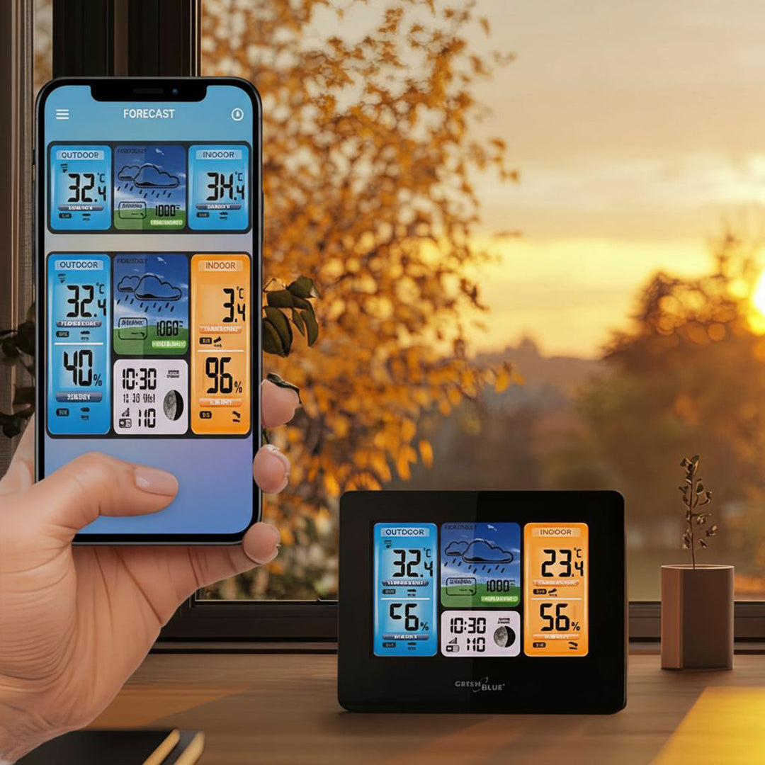 Meteorologická stanica Predpoveď počasia WiFi aplikácia TUYA Displej 7 jazykov Zobrazenie fázy mesiaca IPX4 Zelenomodrá