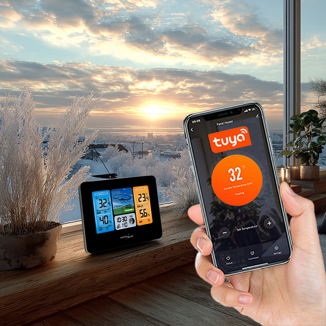 Meteorologická stanica Predpoveď počasia WiFi aplikácia TUYA Displej 7 jazykov Zobrazenie fázy mesiaca IPX4 Zelenomodrá