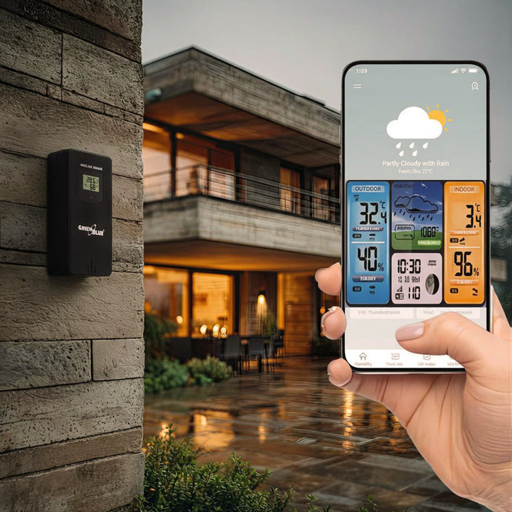 Meteorologická stanica Predpoveď počasia WiFi aplikácia TUYA Displej 7 jazykov Zobrazenie fázy mesiaca IPX4 Zelenomodrá