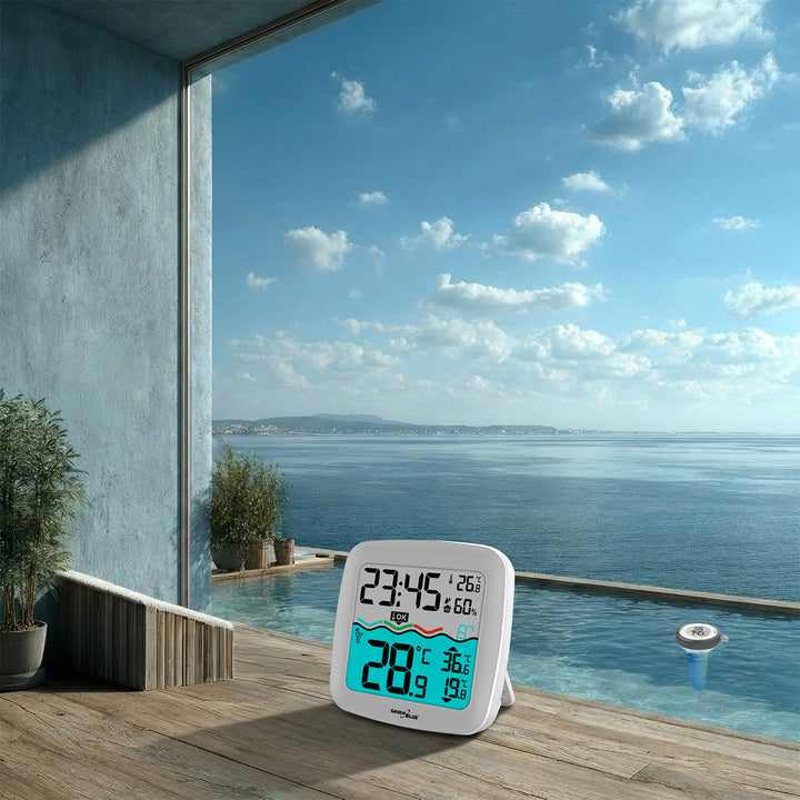 Meteostanica s bazénovým teplomerom GreenBlue, dosah 60 m, plávajúci senzor, teplota, čas, kalendár, DCF, GB216