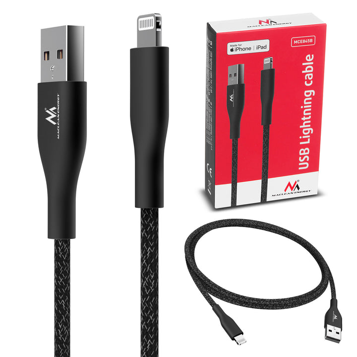 MFi kábel s osvetlením (vyrobený pre iPhone / iPod / iPad) podporujúci rýchle nabíjanie 2,4A Maclean Energy MCE845B čierny dĺžka 1m 5V/2,4A - prenos dát
