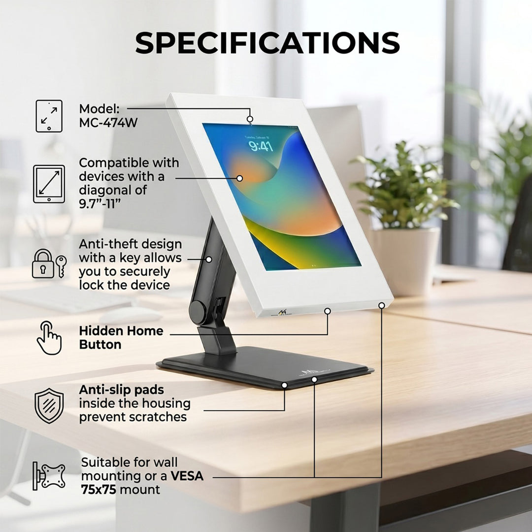 Maclean Reklamný držiak na tablet, nástenný držiak so zámkom, 9,7"-11", iPad/iPad Air/iPad Pro, Samsung Galaxy Tab A/Tab A7/Tab S6 Lite, MC-474W
