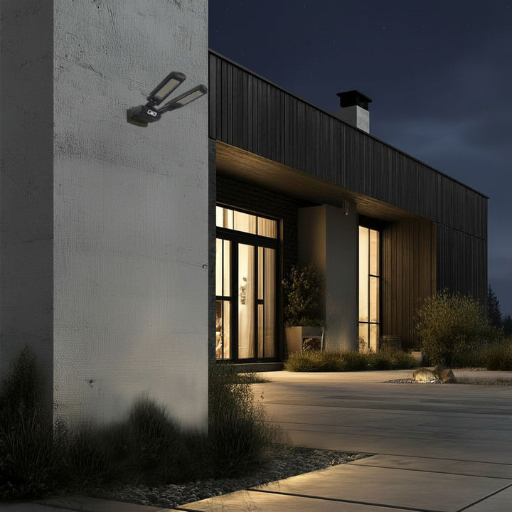 Solárne pouličné svietidlo so snímačom pohybu a súmraku IP54 5W 2x 450 lumenov 6500K dva zdroje svetla Solárne svietidlo s diaľkovým ovládaním Vonkajšie nástenné svietidlo Vonkajšie osvetlenie 3 režimy osvetlenia