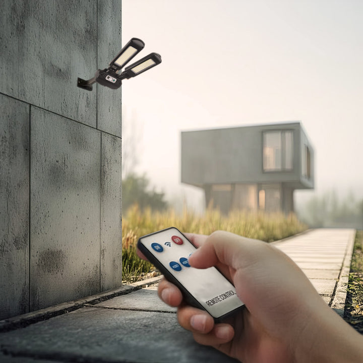 Solárne pouličné svietidlo so snímačom pohybu a súmraku IP54 5W 2x 450 lumenov 6500K dva zdroje svetla Solárne svietidlo s diaľkovým ovládaním Vonkajšie nástenné svietidlo Vonkajšie osvetlenie 3 režimy osvetlenia