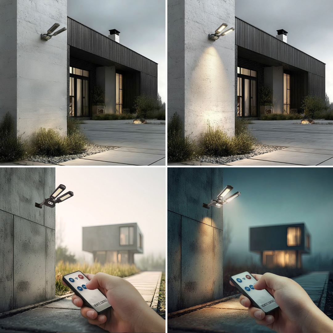 Solárne pouličné svietidlo so snímačom pohybu a súmraku IP54 5W 2x 450 lumenov 6500K dva zdroje svetla Solárne svietidlo s diaľkovým ovládaním Vonkajšie nástenné svietidlo Vonkajšie osvetlenie 3 režimy osvetlenia