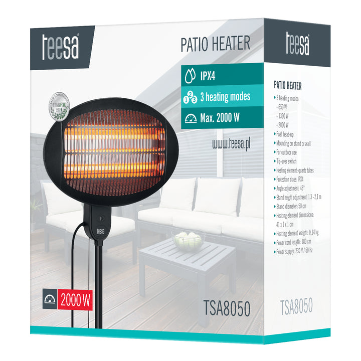 Elektrický terasový ohrievač Teesa, odolný proti dažďu, tri režimy ohrevu, nastavenie výšky a uhla, TSA8050