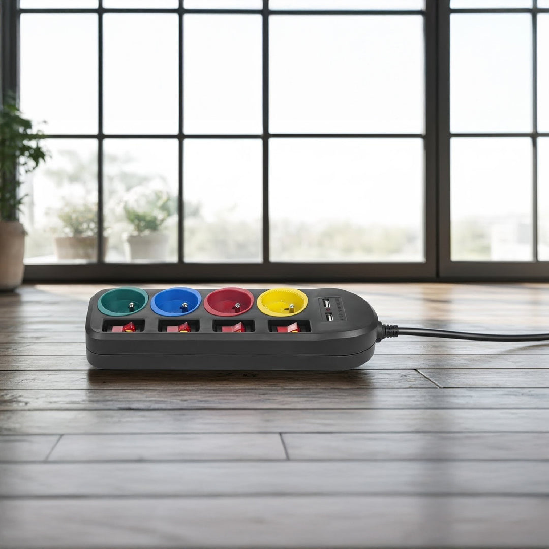Napájacia lišta Maclean, 4-zásuvkový predlžovací kábel + 2xUSB, s prepínačmi, 250 VAC/10A, 2,1 A 5 V, 1,5 m, čierna, MCE229 B
