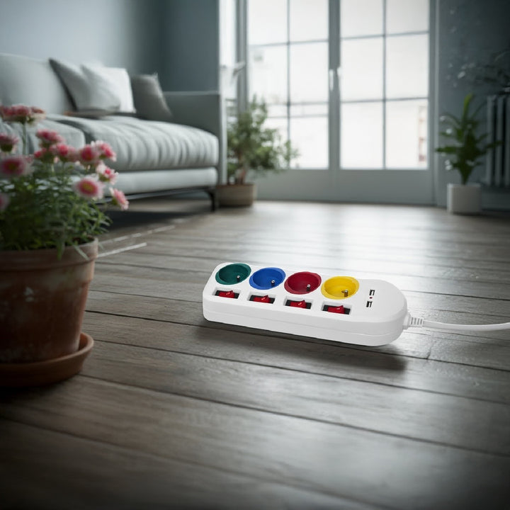 Napájacia lišta Maclean, 4-zásuvkový predlžovací kábel + 2xUSB, s prepínačmi, 250 VAC/10A, 2,1 A 5 V, 1,5 m, biela, MCE229 W