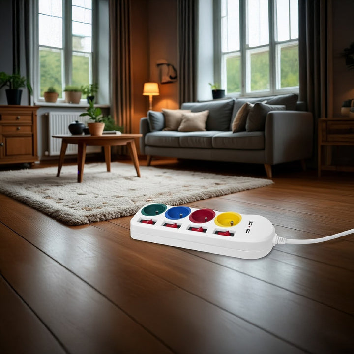 Napájacia lišta Maclean, 4-zásuvkový predlžovací kábel + 2xUSB, s prepínačmi, 250 VAC/10A, 2,1 A 5 V, 1,5 m, biela, MCE229 W