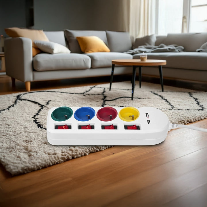 Napájacia lišta Maclean, 4-zásuvkový predlžovací kábel + 2xUSB, s prepínačmi, 250 VAC/10A, 2,1 A 5 V, 1,5 m, biela, MCE229 W