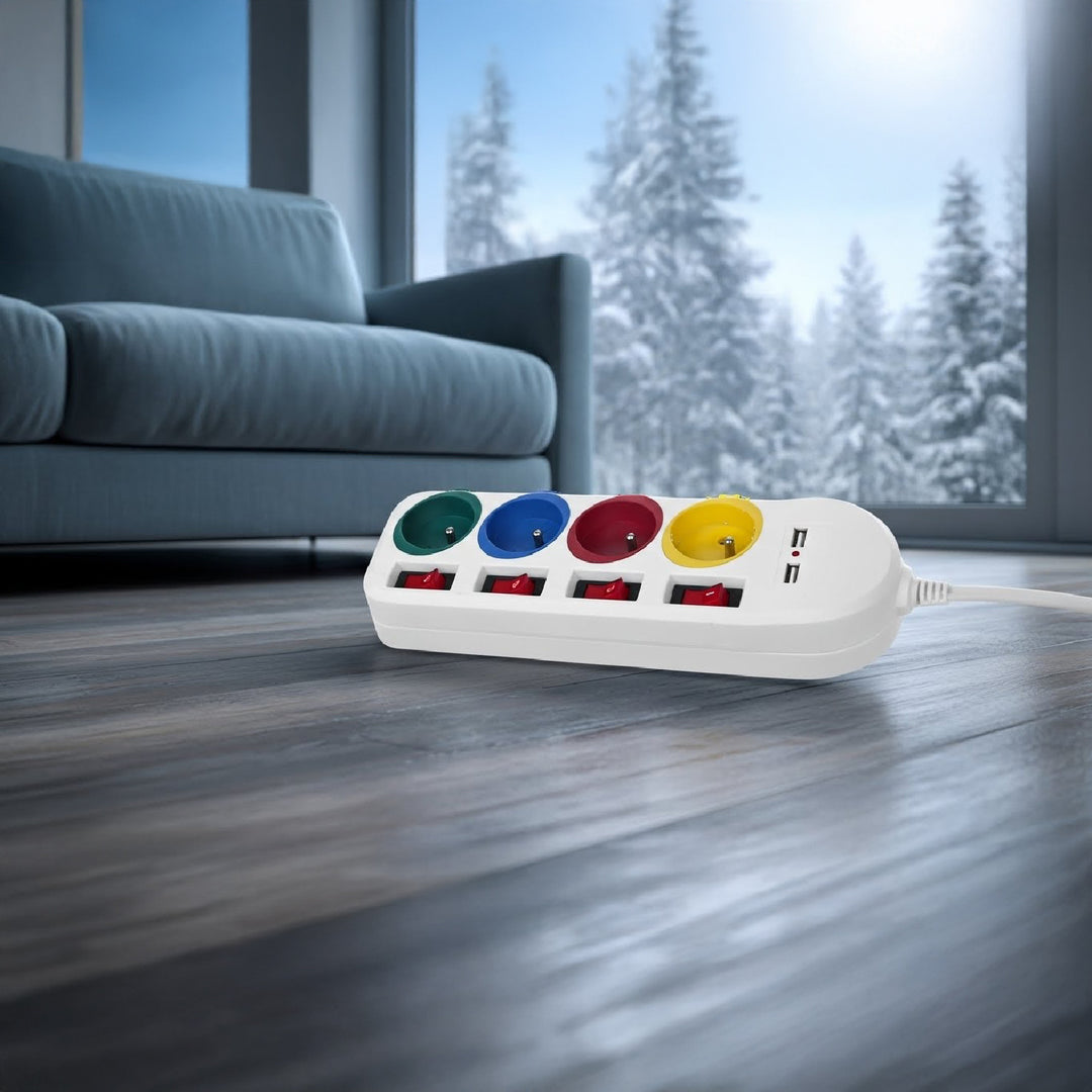 Napájacia lišta Maclean, 4-zásuvkový predlžovací kábel + 2xUSB, s prepínačmi, 250 VAC/10A, 2,1 A 5 V, 1,5 m, biela, MCE229 W