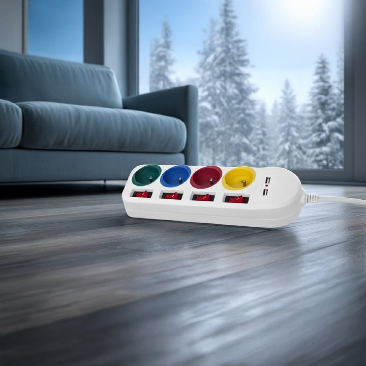 Napájacia lišta Maclean, 4-zásuvkový predlžovací kábel + 2xUSB, s prepínačmi, 250 VAC/10A, 2,1 A 5 V, 1,5 m, biela, MCE229 W
