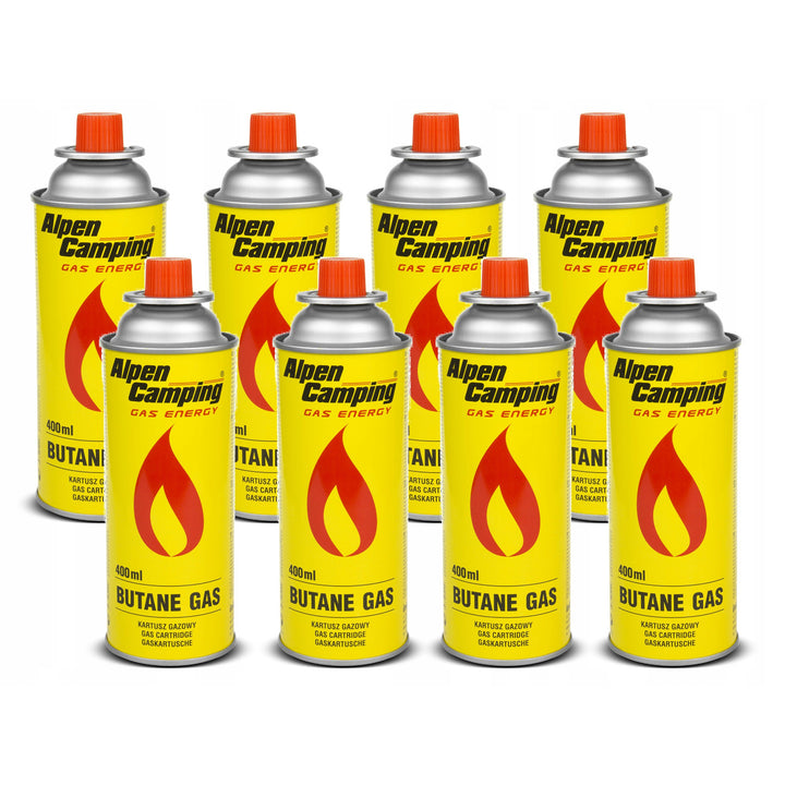 8x Alpen Camping 400ml plynová kartuša. Certifikát: Vyhovuje norme EN417, izobután, prevádzkový rozsah -10°c až + 40°c, IK004