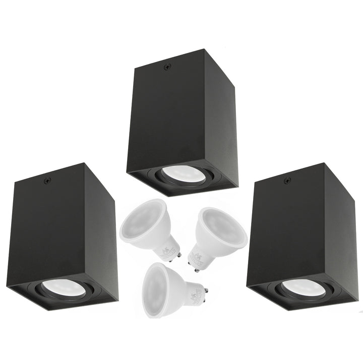 3x Maclean trubica / povrchové svietidlo, bodové, štvorcové, hliníkové, GU10, 80x80x115mm, čierne, MCE426 B + 3x LED žiarovka 5W