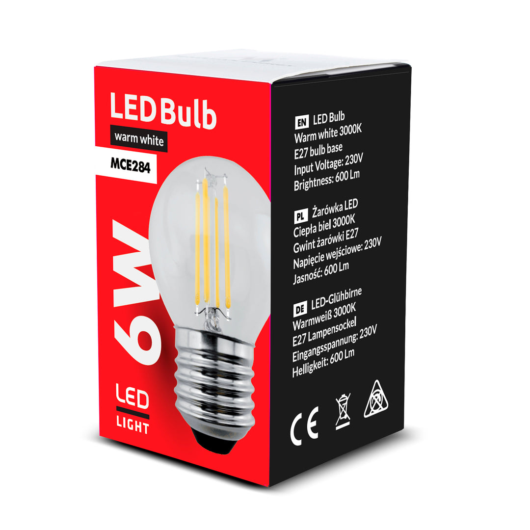 6x Maclean, LED žiarovka E27, 6W, 230V, WW teplá biela 3000K, 600lm, retro edison dekoratívna G45, MCE284