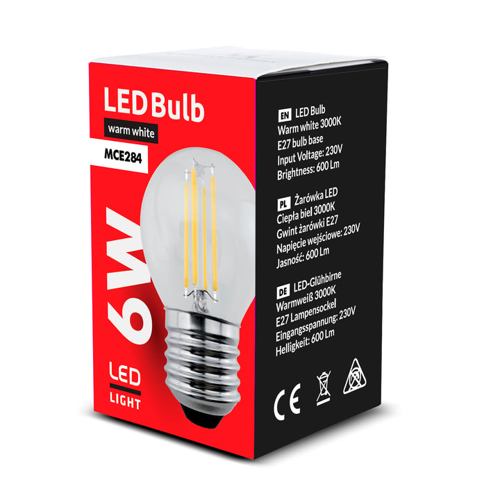 6x Maclean, LED žiarovka E27, 6W, 230V, WW teplá biela 3000K, 600lm, retro edison dekoratívna G45, MCE284