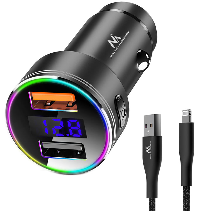 Nabíjačka do auta Maclean, s displejom, hliník, voltmeter, USB 1x QC 3.0, USB 1x 5V/2,4A, RGB LED, MCE375 + USB Lightning kábel MCE945B