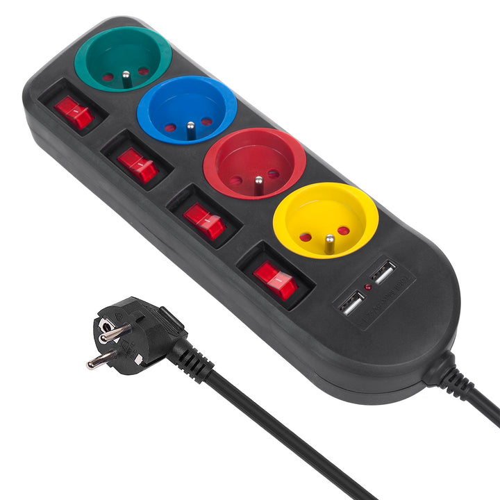 Napájacia lišta Maclean, 4-zásuvkový predlžovací kábel + 2xUSB, s prepínačmi, 250 VAC/10A, 2,1 A 5 V, 1,5 m, biela, MCE229B + USB kábel MCE471