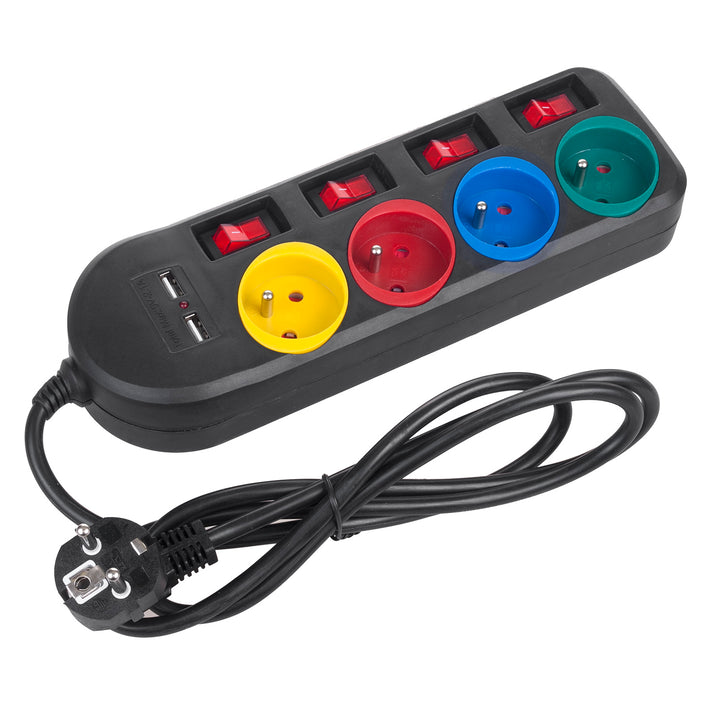Napájacia lišta Maclean, 4-zásuvkový predlžovací kábel + 2xUSB, s prepínačmi, 250 VAC/10A, 2,1 A 5 V, 1,5 m, biela, MCE229B + USB kábel MCE471