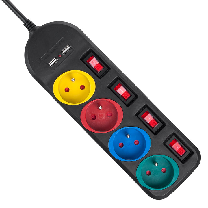 Napájacia lišta Maclean, 4-zásuvkový predlžovací kábel + 2xUSB, s prepínačmi, 250 VAC/10A, 2,1 A 5 V, 1,5 m, biela, MCE229B + USB kábel MCE471