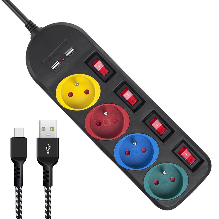 Napájacia lišta Maclean, 4-zásuvkový predlžovací kábel + 2xUSB, s prepínačmi, 250 VAC/10A, 2,1 A 5 V, 1,5 m, biela, MCE229B + USB kábel MCE471