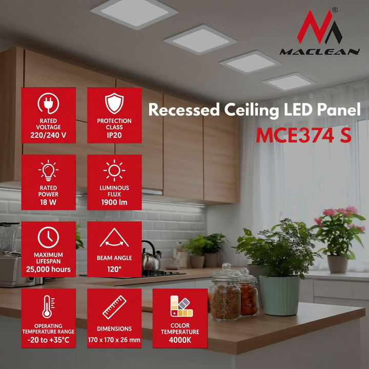 Stropný panel Maclean LED, podhľadový panel SLIM, 18W, neutrálna biela 4000K, 170*170*26mm, 1900lm, MCE374 S